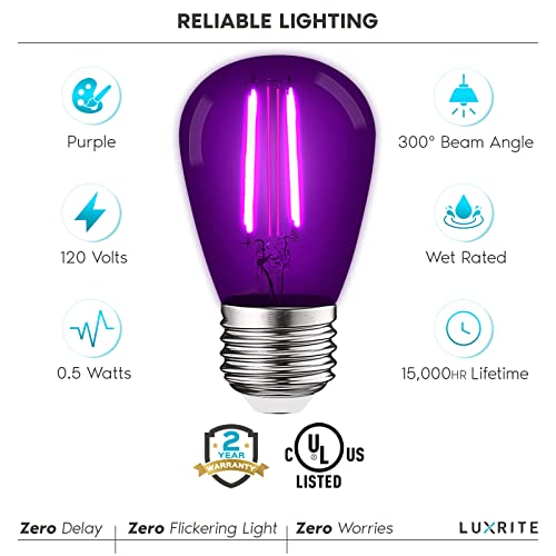 Luxrite 24-Pack S14 Edison Led Purple Light Bulbs, 0.5W, Colored Led Bulbs For Outdoor String Lights, Ul Listed, E26 Base, Indoor Outdoor, Decoration, Party, Holiday, String Light Replacement Bulbs #TOP5
