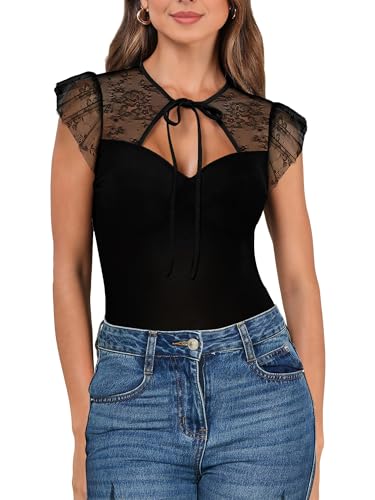 SEBOWEL Women Sexy Floral Lace Mesh Bodysuit Short Sleeve Sheer See Through Mesh Bodysuit Tops Going Out Tops Romper Clubwear3