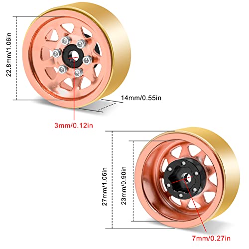 Image of OGRC 1.0 RC Wheel Rims with Brass Rings Deep Dish Wheel Rims 1.0 Beadlock Wheels for 1 /18 TRX4M 1 /24 SCX24 C10 JLU Deadbolt Gladiator Bronco Crawler Car (Rose Gold)