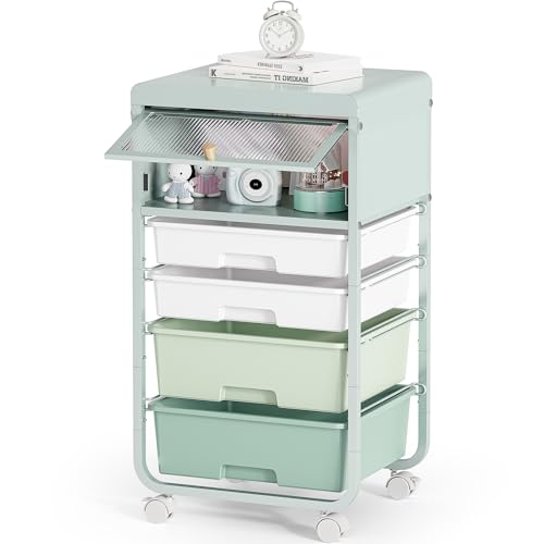 Image of SYKIARIOL Utility-Rolling-Storage-Drawer-Craft-Cart-Organizers with 4 Drawers & Dust-Proof Door for Kid Craft Art Room,Bedroom,Home Office, 4 Tiers Drawer cart, Green