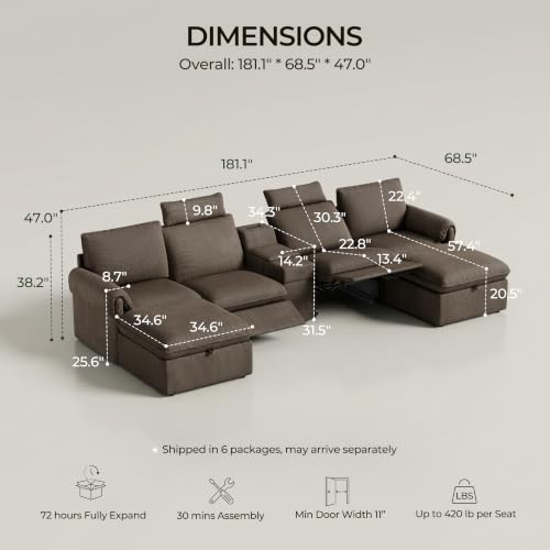 Image of CHIC HOUSE 181 inch 4-Seat Modular Power Reclining Sectional Couch, Brown