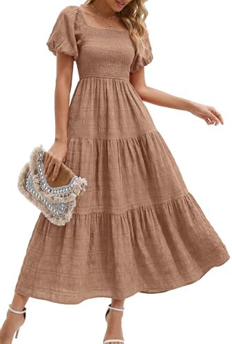 PRETTYGARDEN Womens Summer Puff Short Sleeve Maxi Dress Square Ne...