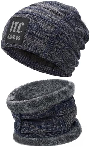FZ FANTASTIC ZONE Mens Womens Winter Beanie Hat Scarf Set Warm Knit Thick Fleece Lined Skull Cap Neck Warmer for Men Women D Red