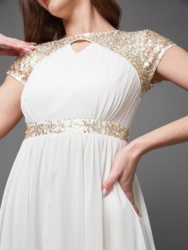 Image of Miss Chase Women's Round Neck Sleeve Embellished Fit Flare Maxi Dress
