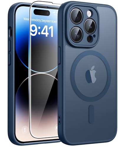 Image of FNTCASE for iPhone 14 Pro-Max Case: Translucent Blue Slim Cases Compatible with MagSafe, Full Camera Protection & Tempered Glass Protector, 14FT Military Grade Drop Tested, Matte Skin-Friendly Cover