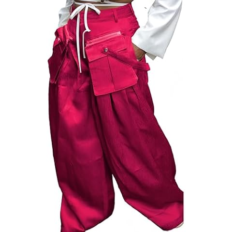 lovecarnation Mid Rise Wide Leg Cargo Pants for Women Baggy Trousers with Detachable Pockets Streetwear G0643 Rose Red M Cover