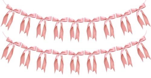 Image of 2pcs Bow Garland Banner Ribbon Bow Party Decorations for Baby Shower Decor Tying The Knot Girls Bow Coquette Birthday Party Decoration (Peach Pink)