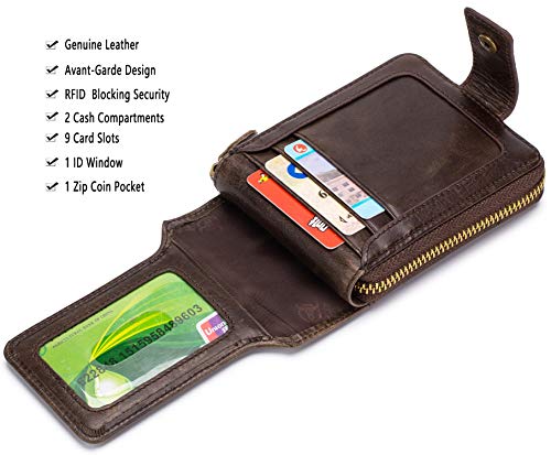 BULLCAPTAIN Mens Genuine Leather Zipper Wallet RFID Blocking Bifold Zip Around Multi Credit Card Holder,Big (brown)3