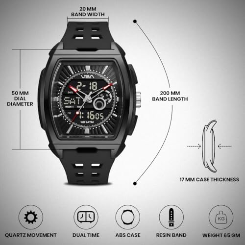 Image of V2A Impact 50mm Analog Digital Watch for Men | Tonneau Sports Case Design | Alarm Stopwatch Countdown Dual Time | TPU Strap | 50M Water Resistant | Gift for Men