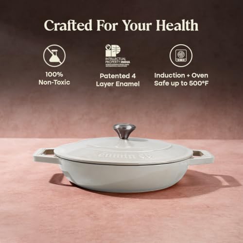 Image of CUMIN CO. Cast Iron Braiser | 26cm, 2.5L (Serves 5-6) | Non Toxic Cooking Pot with Lid | Patented Enamel Coating | FDA Compliant | Induction & Oven Safe | White