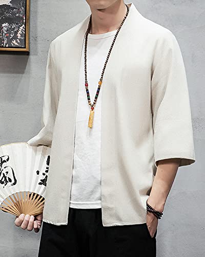 Image of Men's Japanese Kimono Cardigan Loose Cotton Linen 3 /4 Sleeve Open Front Casual Summer Shirt Jackets