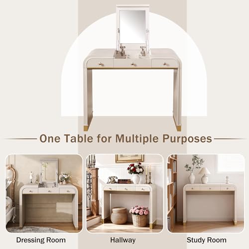 Image of JIVOIT Vintage Vanity Desk with Flip Mirror, Flip-Top Mirror with Hidden Storage, 3-in-1 Wood Dressing Table with 2 Drawers and Storage Space, Easy Assembly (Champagne,44)