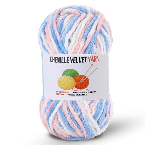 Image of Fluffy Chenille Yarn for Crocheting, Chunky Velvet Yarn for Crochet Amigurumi, Used for Making Baby Yarns Blanket, Clothes, Pattern Knitting Creations (1-Colorful-E)