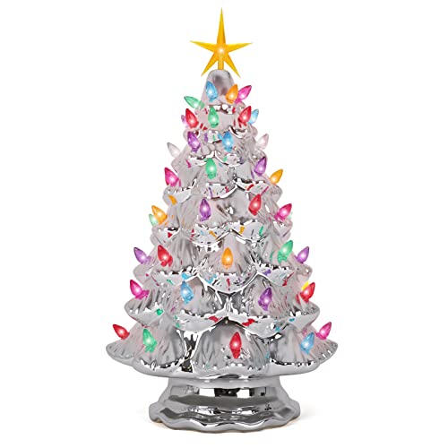 Milltown Merchants Ceramic Christmas Tree - Tabletop Tree with Lights - (15.5 inch Large Silver...