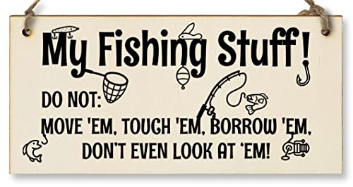 The Plum Penguin Handmade Wooden Hanging Wall Plaque My Fishing Stuff Don't Touch Funny Sign for Keen Anglers Shed Sign