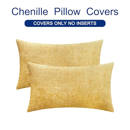 Image of CaliTime Pack of 2 Cozy Bolster Pillow Covers Cases for Couch Sofa Home Decoration Solid Dyed Soft Chenille 12 X 20 Inches Gold