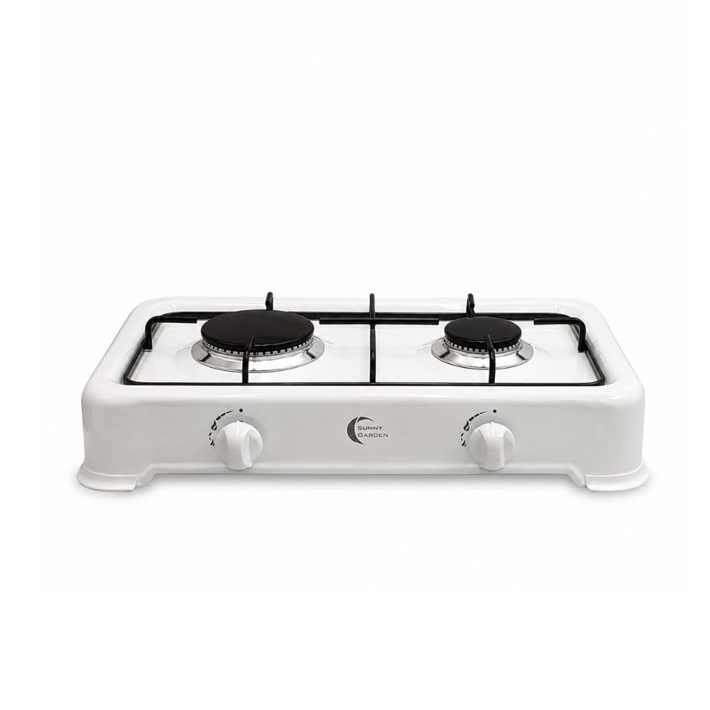Réchaud à gaz portable 2 feux | Contrôle de flamme | Réchaud de camping compact avec couvercle | Idéal pour le camping, l'extérieur, les voyages | 4 patins en caoutchouc antidérapants | Couleur blanc