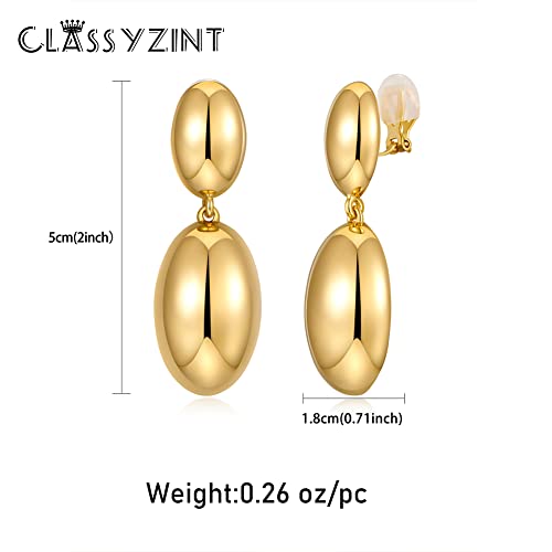 Classyzint Shiny Gold Clip On Earring For Women 2Pcs Oval Brass Dome Drop Earrings Geometric Statement Dangle Earrings #TOP5
