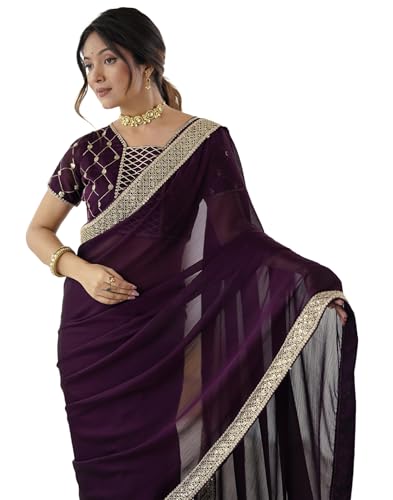 Image of SIRIL Women's Chiffon Sequence Embroidery Lace Saree with Unstitched Blouse Piece