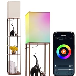 Floor Lamp with Shelves, with Modern Square Standing Lamp with Smart APP Control RGB Bulb, Corner Display Bookshelf Lamp for Living Room, Bedroom and Office(brown-9RGB)