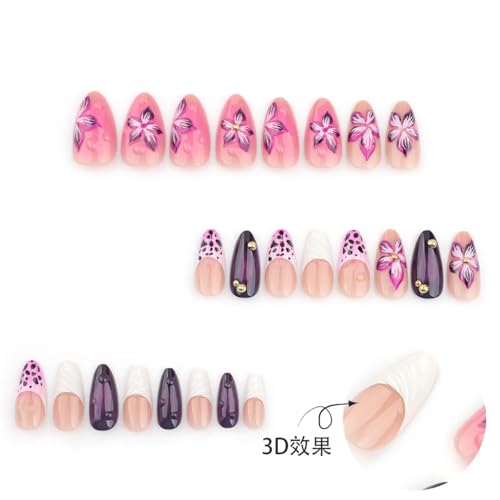 Image of Flower Nail Press ons Speing Fake Nails French Tip Glue on Nails with 3D Line Design Glossy Artificial Acrylic Full Cover Dark Purple False Nails Medium Almond Stick on Nails for Women Manicure 24Pcs
