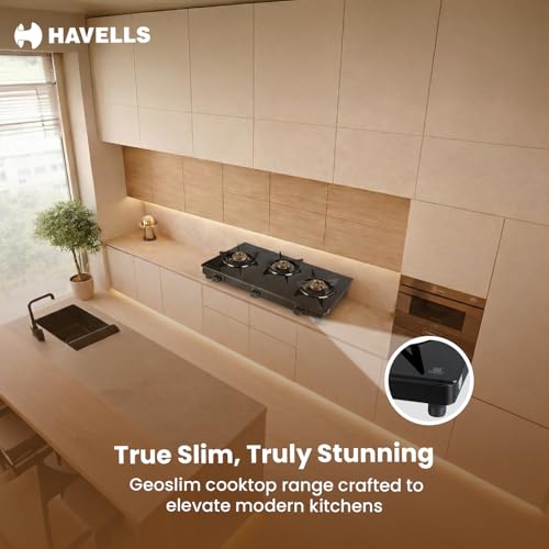 Image of Havells GEOSLIM Gas stove |3 Heavy Duty Forged Brass Burner|6 mm Toughened Glass|Premium Valves|Removable Drip Tray|Soft Touch Knobs|5 year Warranty on Burners, Glass & Valves by Havells (Black)