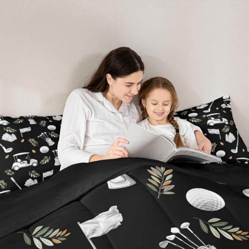 Image of Feelyou Black Golf Comforter Set Full Size Leaves Bedding Set for Kids Boys Girls Sports Golfing Theme Duvet Quilt Bedroom Decor Microfiber 3 Pcs with 2 Pillow Cases