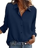 Zeagoo Oversized Button Down Shirts for Women Collared Shirts Long Sleeve V Neck Blouses Casual Dressy Top Navy Blue XXL