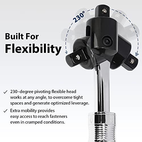 Image of FIRSTINFO Taiwan 1 /2 inch Drive Extendable Breaker Bar with Ratchet Adapter | 18-1 /2 inch to 24-1 /2 inch Length Extended Leverage with 230 Degrees Flexible Head, Premium CR-V, Heavy Duty, F32242D