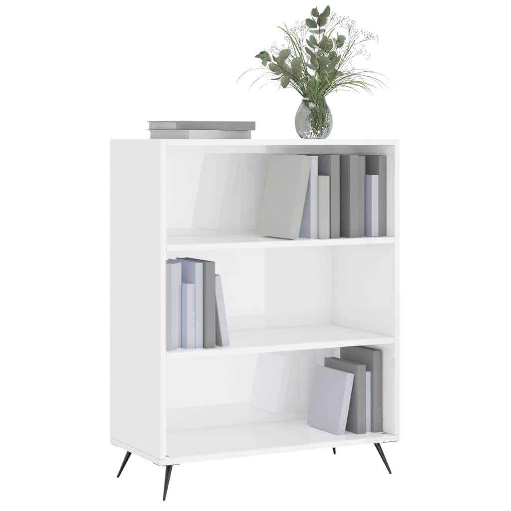 Libreria 3 Scomparti Bianco Lucido 69,5x32,5x90 cm | Scaffale autoportante moderno per soggiorno e studio con 3 vani a giorno, ripiano superiore e piedini in metallo.