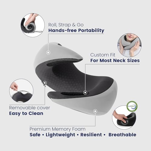 Image of Dream Valley Neck Travel Pillow, Memory Foam Travel Pillow for Airplane, Portable Roll-Up Neck Pillow with Cooling Inner Fabric, 360 Ergonomic Support, No Head Bobbing, Light Gray