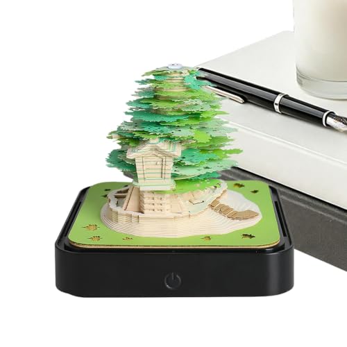 Escultura de papel en notas adhesivas 3D con diseño de árbol artesanal y casa miniatura