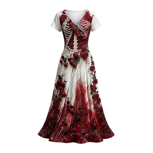 XOGWVJ Halloween Dresses for Women Skeleton Print Gothic Maxi Dress Short Sleeve Costume Party Outfit Renaissance Medieval plus size medieval dress Red M - image 5