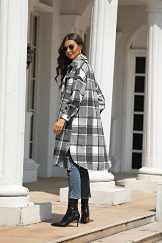 Omoone Women's Button Up Woolen Long Plaid Trench Coat Brushed Check Shirt Jacket(1765-Grey-Xs) #TOP2