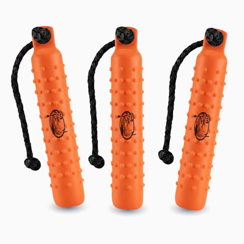 HuntEmUp Training Bumper for Hunting Dogs - Water-Ready Floating Fetch Dummy with Throw Rope (Valveless) - Durable, Knobby Design, 2"x11"(3 ct Org)