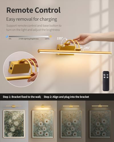 Image of KDG LED Cordless Wall Picture Light with Remote, 7000mAh Rechargeable Dimmable Art Lighting, Adjustable Swing Arm, Picture Frame Light for Gallery, Living Room, Hallway, 24 inch, Gold