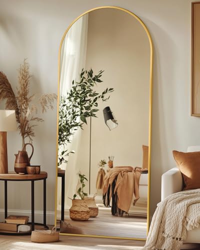Antok Miroir Pleine Longueur, 147 x 45 cm Grand Miroir sur Pied Bombé, Miroir Mural avec Cadre en Alliage en Aluminium et Verre Incassable, Miroirs de Sol pour Salon, Dressing, Or