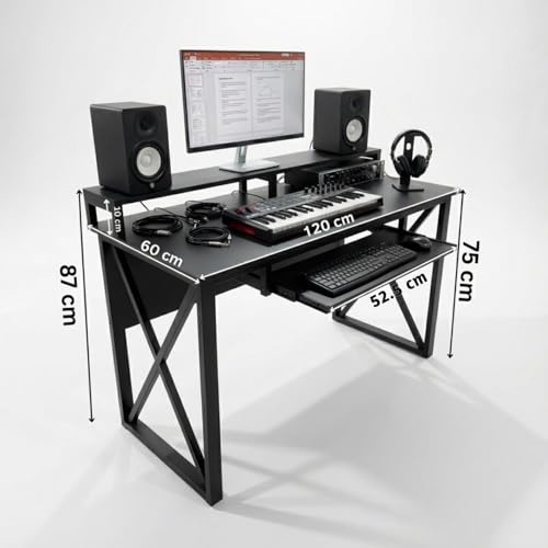 Image of FFo Music Studio Desk | Music Studio Desk with Keyboard Tray | Workstation,Laptop PC Computer, Music Instrument Table for Music Producers | (Black) | (120L x 60W x 87H CM) | (DIY)