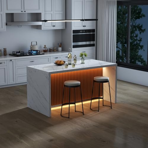 63" Large Imitation Marble Dining Table for 4-6 People(Patent Pending),Island Table with LED Lights, Mordern Marble Stripes Kitchen Dining Table with Grille design for Dining Room,Living Room (White)