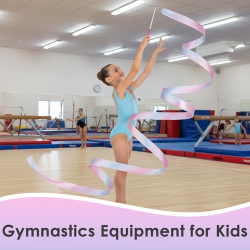 Image of YGEOMER 2Pcs Dance Ribbons for Kids, Sparkling Pink & Blue Gymnastics Ribbon Wands, Ballet Party Favors for Girls, Birthday Performance Props