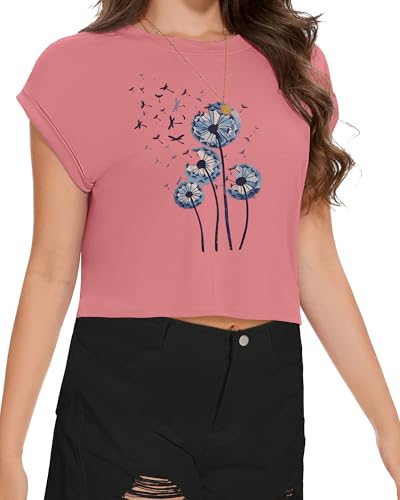 Image of Womens Crop Tops Summer Roll Cap Sleeve Cropped Tshirt Loose Fit Basic Tees