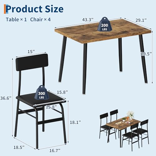 Image of IDEALHOSUE Dining Table Set for 4, 5 Piece Kitchen Table Set with 4 Upholstered Chairs, Breakfast Table for Samll Space, Dining Room, Apartment, Restaurant, Rustic Brown