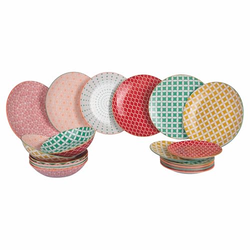 Service d'assiettes 18 pièces en porcelaine, 6 places de table différentes, double décor, confusion in Colors
