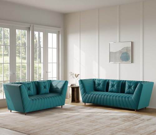 Image of Amazon Brand - Solimo Corell Tufted Velvet Fabric 3+2 Seater Sofa for Living Room Furniture (Teal)|3 Year Warranty