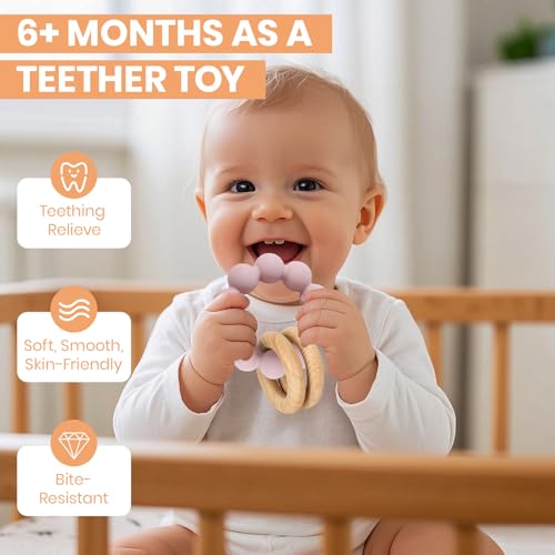 Image of Socub Baby Teething Toys for 0-6 6-12 Months- BPA-Free Food-Grade Silicone & Natural Beech Wood Teether Ring for Newborn Infants Teething Relief- Easy-Grip Sensory Rattle Toys(Dusty Lilac)