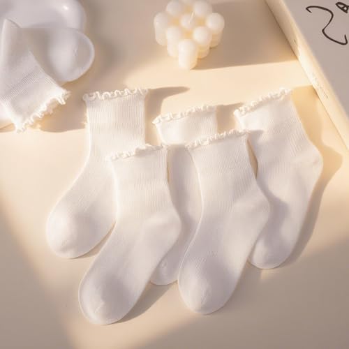 6 Pairs White Girls Ruffle Socks Toddler Kids School Uniform Soft Cotton Frilly Dress Socks Seamless Toe3
