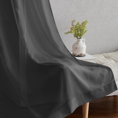 Image of NICETOWN Sheer Window Curtain 84 inch - Ring Top Window Treatments Home Decorations Voile Panels Drapes with for Living Room /Patio Door (54 Inches Wide, Black, 2 Panels)