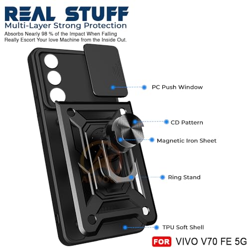 Image of Armor Bumper Back Cover Case for VIvo V70 FE 5G | Rotating Camera Cover, Ring Holder & Kickstand | Heavy Duty & 360 Degree Protection VIvo V70 FE 5G Back Cover (Black)