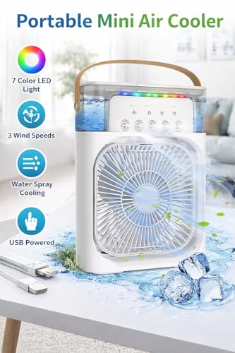 Image of Normalee Mini Portable Air Cooler with Water Spray | USB Powered, 3 Speed Desk Cooling Fan, 7 Color LED Light, For Home, Office, Bedroom & Travel