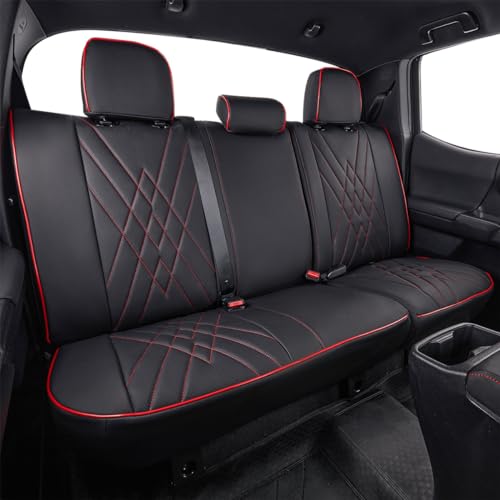 Image of EKR Custom Fit Tacoma Rear Car Seat Covers for Toyota Tacoma 2016 2017 2018 2019 2020 2021 2022 2023 Access Cab - Second Row Only,Faux Leather(Black with Red Trim)